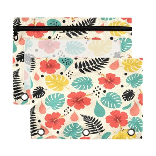 Blueangle Hibiscus Tropical Leaf Pencil Pouch for 3 Ring Binder, 2 Pack Clear Window Zipper Pencil Bags for Office