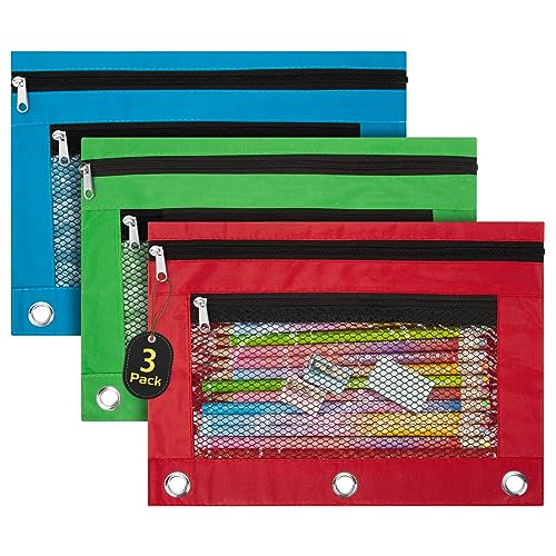 IKAYAS 3 Pack Pencil Pouch for 3 Ring Binder with Zipper, Pencil Pouch Bags for Classroom, Storing School Students Teacher Supplies, Red Green Blue - color: Red Green Blue