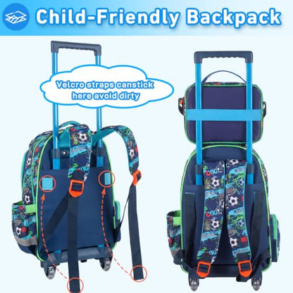 Kids Backpack for Boys with Lunch Box, Rolling Backpack with Wheels, Cute Soccer Kids Roller Elementary SchoolBag Middle-School Bookbag Back to School Gift - color: L23. Soccer