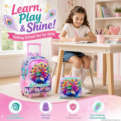 3Pcs Rolling Backpack for Girls, Peacock Roller Bookbag with Lunch Box, Kids School Backpacks with Wheels for Elementary Preschool(Pink) - color: Peacock Pink