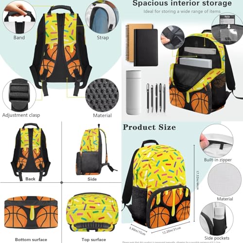 Yellow Ice Cream Basketball 3pcs School Backpack Set With Lunch Box Pencil Case, 17 Inch Large Capacity Bookpacks 3 In 1 Set For Boys Girls - color: Yellow Ice Cream Basketball