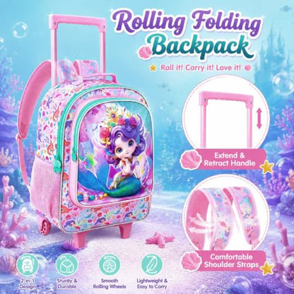 3Pcs Mermaid Rolling Backpack for Girls, Kids School Backpacks with Wheels, Roller Bookbag with Lunch Box for Elementary Preschool(Pink) - color: Mermaid Pink02