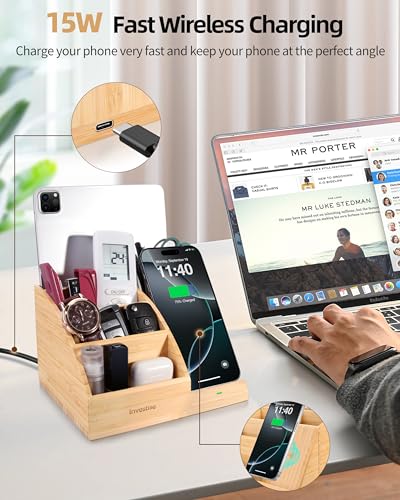Bamboo Pen Holder with Wireless Charger, Desk Organizer with 5 Compartments for Home Office Supplies Compatible with iPhone & Samsung Series - color: Natural