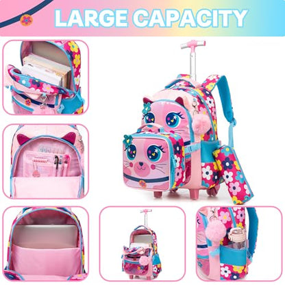 Meetbelify Rolling Backpack for Girls Backpacks with Wheels for Elementary Preschool Students Kids 3 in 1 Travel Luggage Carry on Suitcase with Lunch Box Pencil Case for Girls Age 8-10 - color: Bell Cat