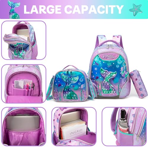 Backpack for Girls Elementary Preschool Kids Lunch Box for School - color: Mermaid Purple