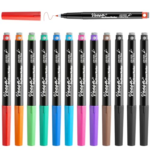 VEESA Ultra Fine Tip Dry Erase Markers, 0.7mm, Magnetic, 12 Count | Low-Odor Ink, Designed for Whiteboards & Planning Boards - size: 9 Colors +3 Black (Dry Erase Markers)