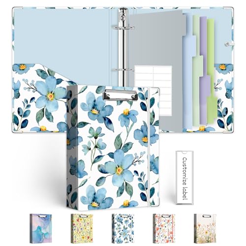 Mini Binder Organizer for 5.5" x 8.5" Paper ，1 Inch 3 Ring Binder with Clipboard, 5-Tabs Pockets Dividers, Plastic Folder, 18 Divider Stikers, Pen Loop (Blue Flora, Half Letter Size) - color: Blue Flora, size: 1in（5.5"x8.5"）