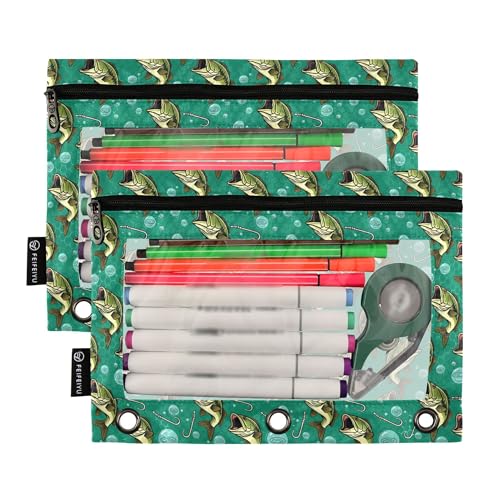 Deep Sea Fish Binder Pouches 3 Ring for Boys Girls School Office College Supplies Ocean Theme Fishman Pencil Pouches Case Bag with Clear Window and Zipper 2 Pack - color: Fish