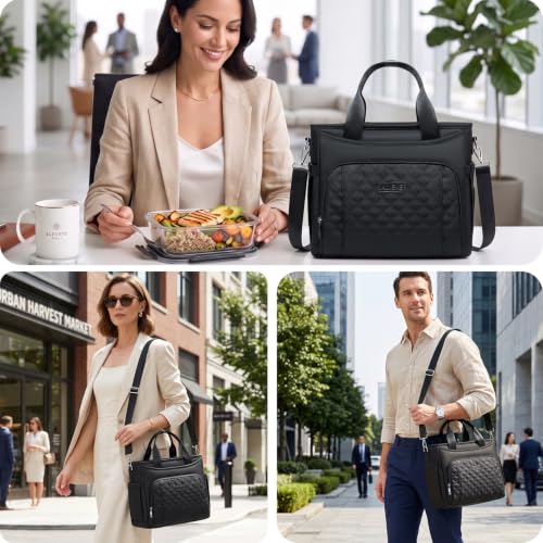 AIJIEKE Large Insulated Lunch Bag for Women Men, Work Lunch Box Tote, Black | Leakproof, durable multi-compartment cooler. Reusable with shoulder strap. Perfect for travel meal prep, picnic, beach - color: Black