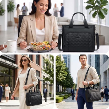 AIJIEKE Large Insulated Lunch Bag for Women Men, Work Lunch Box Tote, Black | Leakproof, durable multi-compartment cooler. Reusable with shoulder strap. Perfect for travel meal prep, picnic, beach - color: Black