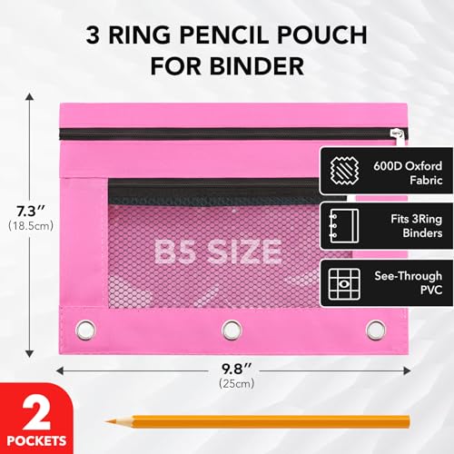 3 Ring Pencil Pouch for Binder, 2-Pocket Zipper Pencil Case with Clear Window & Mesh Pocket, Heavy Duty 600D Oxford Fabric Binder Pouch for School Office Supplies, Fits Standard 3-Ring Binders, Pink - color: Pink
