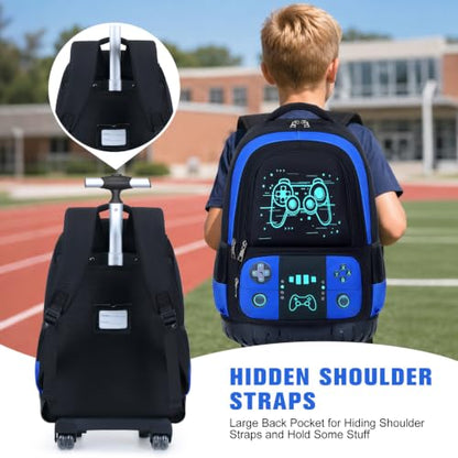 Bevalsa Rolling Backpack for Boys,Cool Luminous Gamer Roller School Backpacks with Lunch Box & Pencil Case,Kids Wheeled Schoolbag Bookbag with Wheels for Kindergarten Elementary School Travel - color: Blue Game