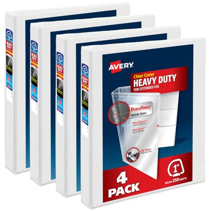Avery Heavy Duty View 3 Ring Binders, 1" One Touch Slant Ring, 250-Sheet Capacity, 1.4 Inch Wide Spine, Great for Home, School Supplies, Office, or Organization Needs, White Binders (4-Pack of 79780)