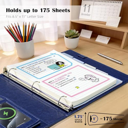 Ospelelf 3 Ring Clipboard Binder with Storage Pouch, 1 Inch Round Ring, Leather Magnetic Clipboard Folder with Notepad (11" x 8.5"), 5 Dividers with 10 Pockets, School Office Binder, Navy Blue - color: Blue