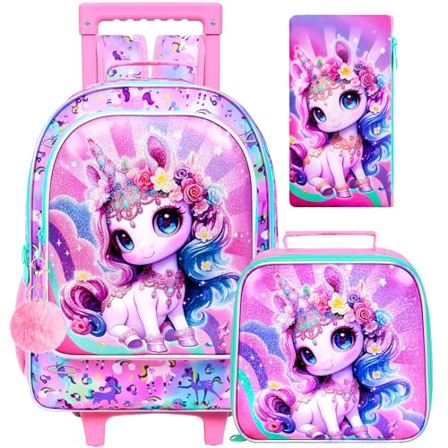 3Pcs Unicorn Rolling Backpack for Girls, Roller Bookbag with Lunch Box, Kids School Backpacks with Wheels for Elementary Preschool(Pink) - color: Unicorn Pink