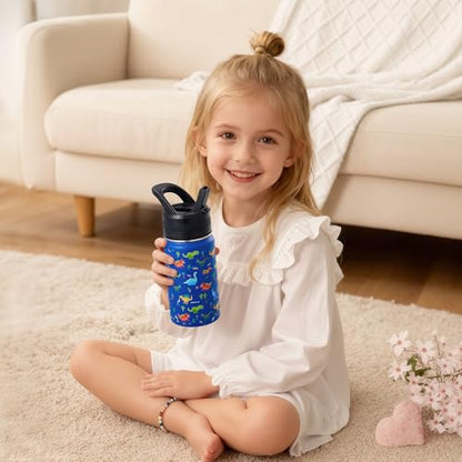 14 Oz Kids Water Bottle, Stainless Steel Water Bottle with Straws, Leak-Proof, BPA-Free, Insulated Water Bottles for School Boys & Girls|Blue Dinosaur - color: Blue cartoon dinosaur