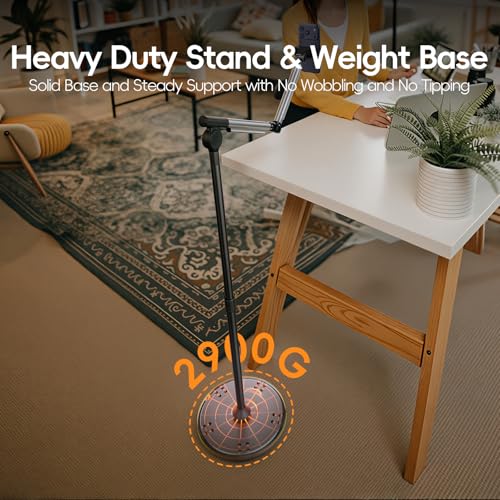 Floor Phone Stand for Recording, Overhead Phone Mount with Wheels and Weight Base, Free Rotation Aluminum Digital Heavy Duty Stand with Adjustable Angles & Height for Content Creation