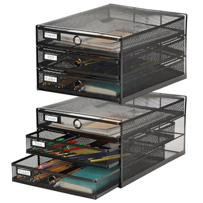 Zhanmai 1 Pack Black Desk Organizer with Drawer Total Wire Mesh Storage Tray Multifunctional Paper Sorter File Stand for Home Office Supplies Letter A4 Paper Office Accessories Back to School (3 Tier)