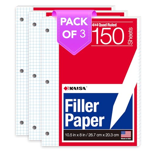 Kaisa Graph Paper Filler Paper USA-Made Bulk Wholesale Available 3 Pack 4x4 Quad Rule 3-Hole Punched Loose Leaf Paper 8x10.5 Filler Paper for 3-Ring Binder, 150 Sheets/Pack - color: Graph, size: 3pack