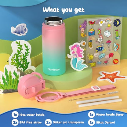Gonfoam 16oz Kids Water Bottle, Stainless Steel Insulated Cup | DIY Stickers, BPA-free, Leak-proof, Sturdy, Keeps Cold 24h, Easy to Carry, Easy to Clean, Back to School, Gifts - color: Pink and Green