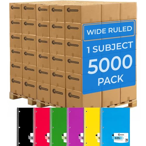 Rosmonde 5000 Packs (Pallet) 1 Subject Notebooks, Spiral Notebook Bulk, Wide Ruled, 70 Sheets (140 pages), 8 x 10-1/2", Bulk Spiral Notebooks for School Districts & Office, 4-7 Days Transit - size: 5000 Pack | District Pallet