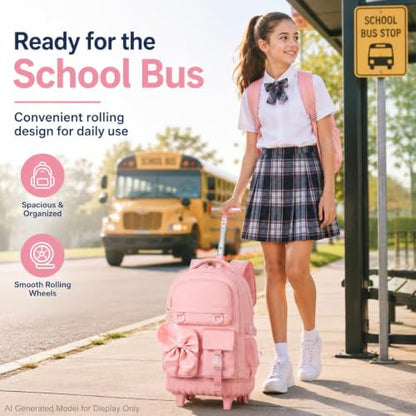 3Pcs Rolling Backpack for Girls Women, School Kids Roller Bookbag with Wheels, Wheeled Backpacks Set for Elementary (Pink) - color: Bow Pink
