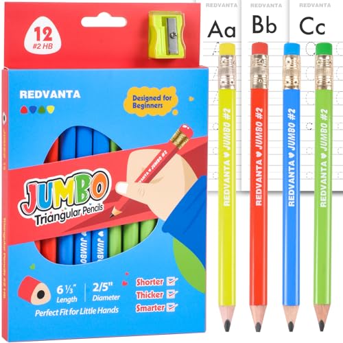 Jumbo HB Pre-sharpened Pencils #2 for Toddlers Preschoolers First Writing, Thick Triangular Grip Fat Pencils with Latex-Free Erasers, Break-Resistant, Back to School Supplies, 12 Count - color: Vibrant