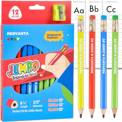 Jumbo HB Pre-sharpened Pencils #2 for Toddlers Preschoolers First Writing, Thick Triangular Grip Fat Pencils with Latex-Free Erasers, Break-Resistant, Back to School Supplies, 12 Count - color: Vibrant
