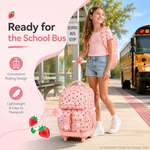 WZLVO 3PCS Wheeled Backpack, Water Resistance Rolling Bookbag for Girls, Women Aesthetic Roller School Bag Set with Lunch Box & Pencil Bag for Teens & Kids - Pink Strawberry - color: 3pcs Girls Rolling Backpack - Pink Strawberry