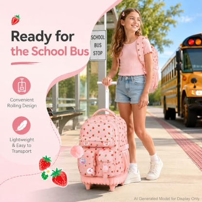 WZLVO 3PCS Wheeled Backpack, Water Resistance Rolling Bookbag for Girls, Women Aesthetic Roller School Bag Set with Lunch Box & Pencil Bag for Teens & Kids - Pink Strawberry - color: 3pcs Girls Rolling Backpack - Pink Strawberry