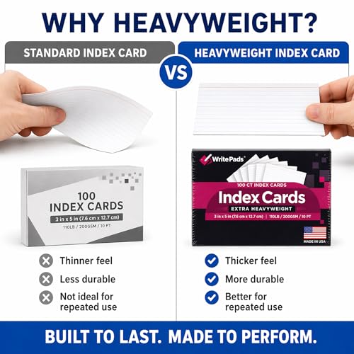 Heavyweight 3x5 Index Cards, Extra Thick Note Cards, Front Lined Back Blank Flash Cards, 110lb / 200gsm / 10pt Cardstock, 100 Sheets, Made in USA, for Studying, Classroom, Office Notes & Organization - color: White 3X5-100 Sheets Heavyweight