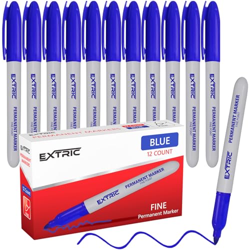 EXTRIC Permanent Markers Blue, 12 Count Fine Point Markers, Quick Drying, Works on wood, Paper, Plastic, Metal and Glass, for Home, Office and School - color: Blue, size: 12 Count (Pack of 1)