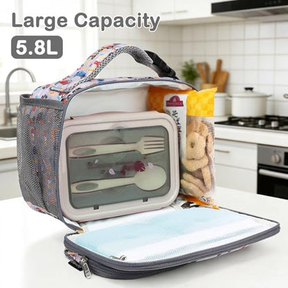 FlowFly Kids Lunch box with buckle Insulated Cooler Back to School Thermal Meal Tote Kit for Girls, Boys, Truck - color: M&Truck