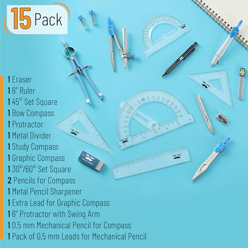 Mr. Pen- Geometry Set, 15 pcs, Blue, 6 Inch Swing Arm Protractor, Divider | Set Squares, Ruler, Compasses and Protractor - color: Blue