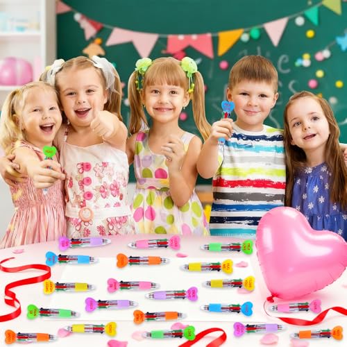 Vellibring 24pcs Valentine's Day Hearts Pens Cute Cartoon Multicolor Pen Fun 4-in-1 Pens Bulk Be Mine Love XOXO Valentines Stationery Party Favors School Supplies Students Rewards - style: Valentines Hearts-24pcs