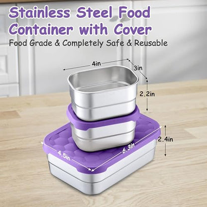 Homikit 3 Pack Kids Lunch Box Set, 18/10 Stainless Steel Bento Boxes with Silicone Lids Leak Proof, 5 Cups Reusable Metal Food Snack Containers for School Daycare, Nontoxic & Dishwasher Safe, Purple - color: Purple, size: Medium