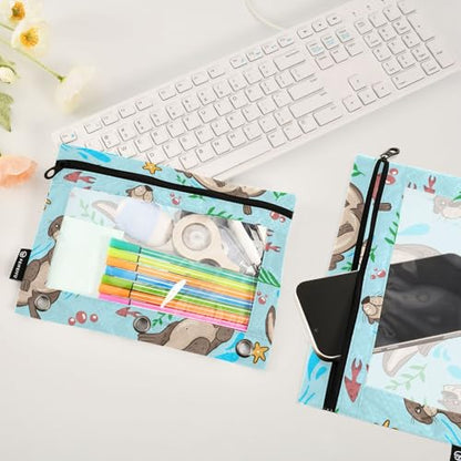 ZAZYXTJ Otter Binder Pencil Pouchs 3 Ring with Zipper Clear Window Office Organizers bag for School Students Teacher Supplies 2 Pack - color: Otter