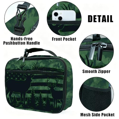 Camo Flag Deer Lunch Box Insulated Reusable Lunch Bag Tote Cooler for Women Men Boy Girl School Work Office Picnic - color: Camo Flag Deer
