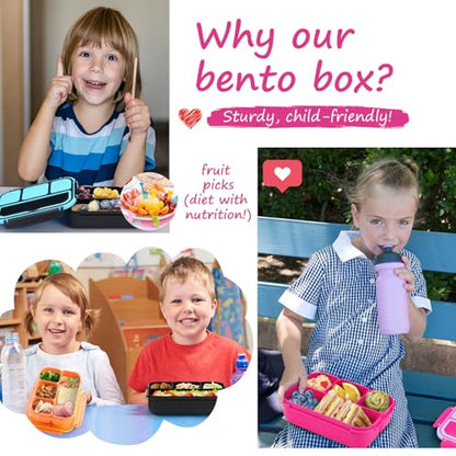 QQKO Bento Box for Kids Adults, School Toddler Lunch Box for Boys Girls, Lunch Box Containers with 4 Compartments, Sauce Container, Utensils, Food Picks and Muffin Cups for School, Pink Blue - color: Pink Blue