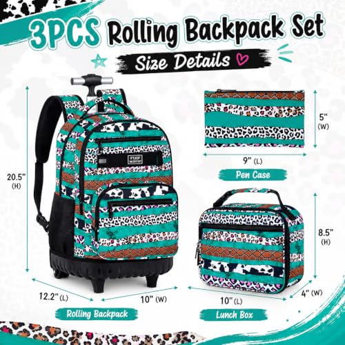 AGSDON Bold Leopard Stripe Wheeled Backpack Set – 20” Girls Rolling Bookbag with Matching Lunch Box for Travel, Commute & School | Water-Resistant Fashion Roller Organizer in Green - color: Rolling Backpack Set - Leopard Stripe Green