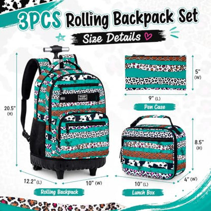 AGSDON Bold Leopard Stripe Wheeled Backpack Set – 20” Girls Rolling Bookbag with Matching Lunch Box for Travel, Commute & School | Water-Resistant Fashion Roller Organizer in Green - color: Rolling Backpack Set - Leopard Stripe Green