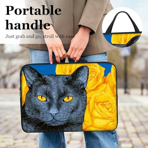 13 13.3 14 inch Laptop Sleeve with Handle, Black Cat Yellow Roses Water‑Resistant Laptop Carrying Case for MacBook Air 13-inch/MacBook Pro 13/14 inch/Dell/HP/Lenovo - color: Black Cat Yellow Roses, size: 13-14 inch Devices