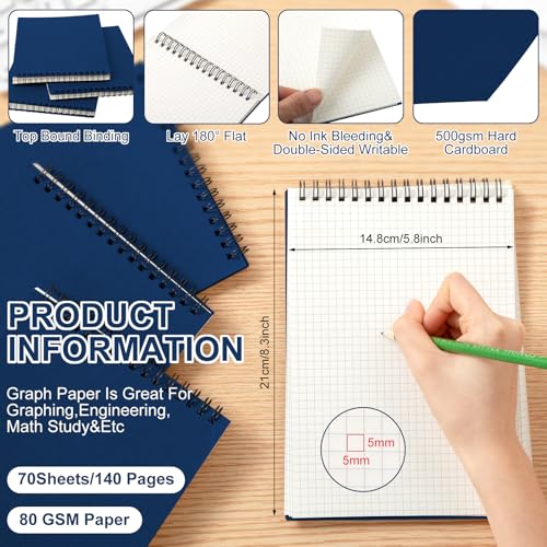 Engrowtic 2 Pack Graph Paper Spiral Notepad A5 Top Wirebound Notepad Grid Notebook Steno Pad Memo Notebook Grid Paper 140 Pages for Writing Sketching Drawing Office Supply (Blue) - color: Blue
