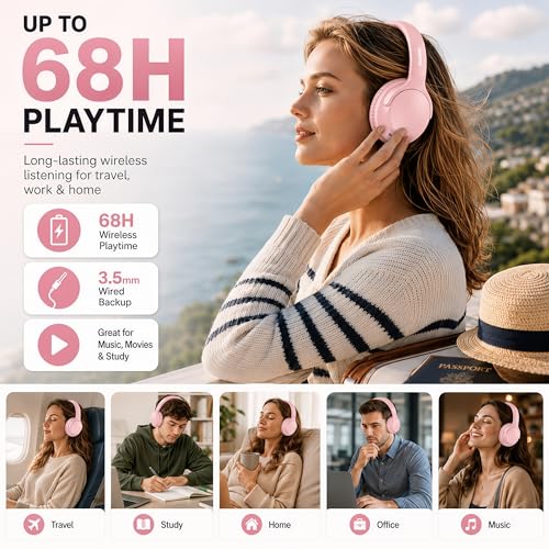 MIDOLA Bluetooth Headphones Over Ear 68H Playtime 6 EQ Wireless Headset with Microphone HiFi Stereo Foldable Lightweight Deep Bass for Travel Home Office Cellphone Pink - color: Pink
