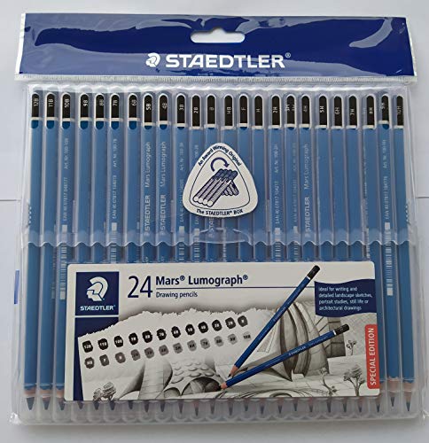 Wooden Pencil By Staedtler Mars Lumograph - Pack of 24 Degrees in Practical Plastic Storage Box With 6" and 8" Aluminum Ruler