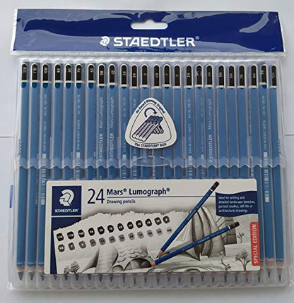 Wooden Pencil By Staedtler Mars Lumograph - Pack of 24 Degrees in Practical Plastic Storage Box With 6" and 8" Aluminum Ruler