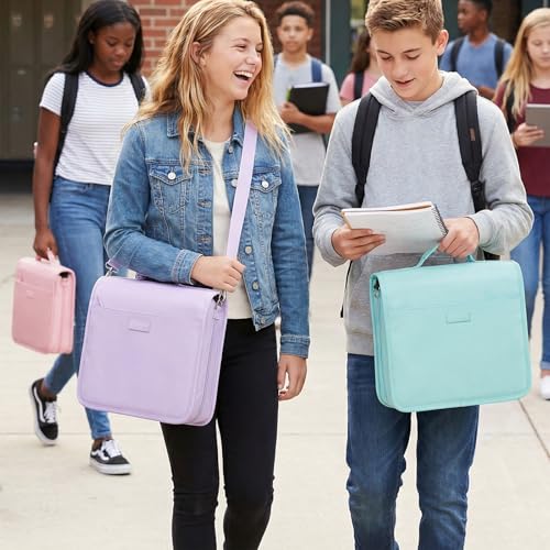 SUNEE Zipper Binder 3 Ring, 3 Inch O-Ring with Handle and Shoulder Strap, 600-Sheet Capacity, 5-Tab Expanding File Folder, Multi-Pockets for Middle School Organizer Binder with Zipper, Sky Blue - color: Sky Blue