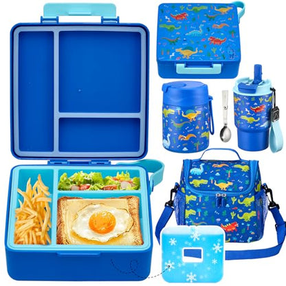 Pawtong Lunch Box Set with Bento Box Container, 17OZ Stainless Steel Food Soup Thermo, Kids Water Bottle & Portable Insulated Lunch Bag, Leakproof, Hot/Cold Retention for School, Travel (Dinasour) - color: Blue-Dinasour
