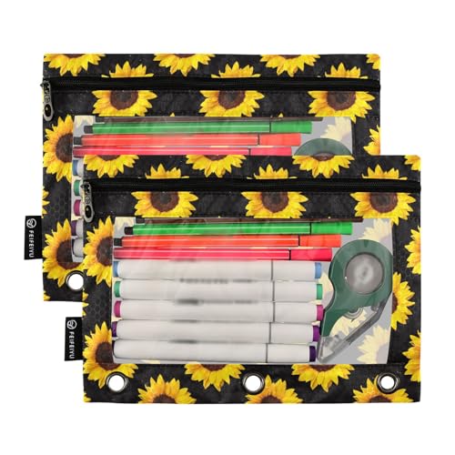 Sunflower Pencil Pouches for 3 Ring Binder, Zipper Binder Pencil Case, 2 Pack Clear Window Case Bag for Office Organizers - color: Sunflower