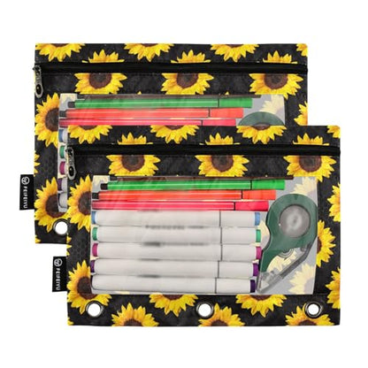 Sunflower Pencil Pouches for 3 Ring Binder, Zipper Binder Pencil Case, 2 Pack Clear Window Case Bag for Office Organizers - color: Sunflower